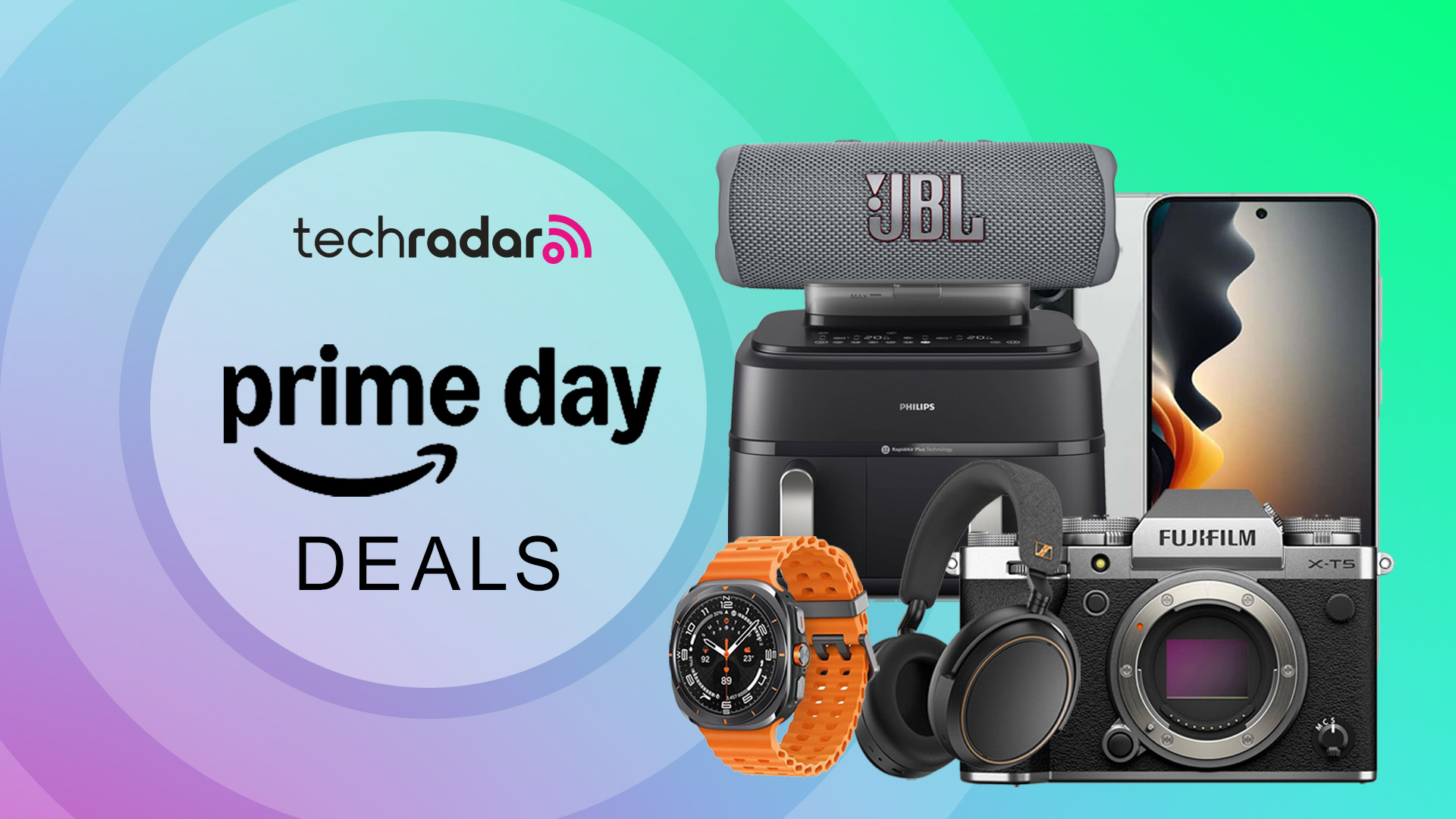 Assortment of tech on a gradient background with &quot;Prime Day Deals&quot; text.