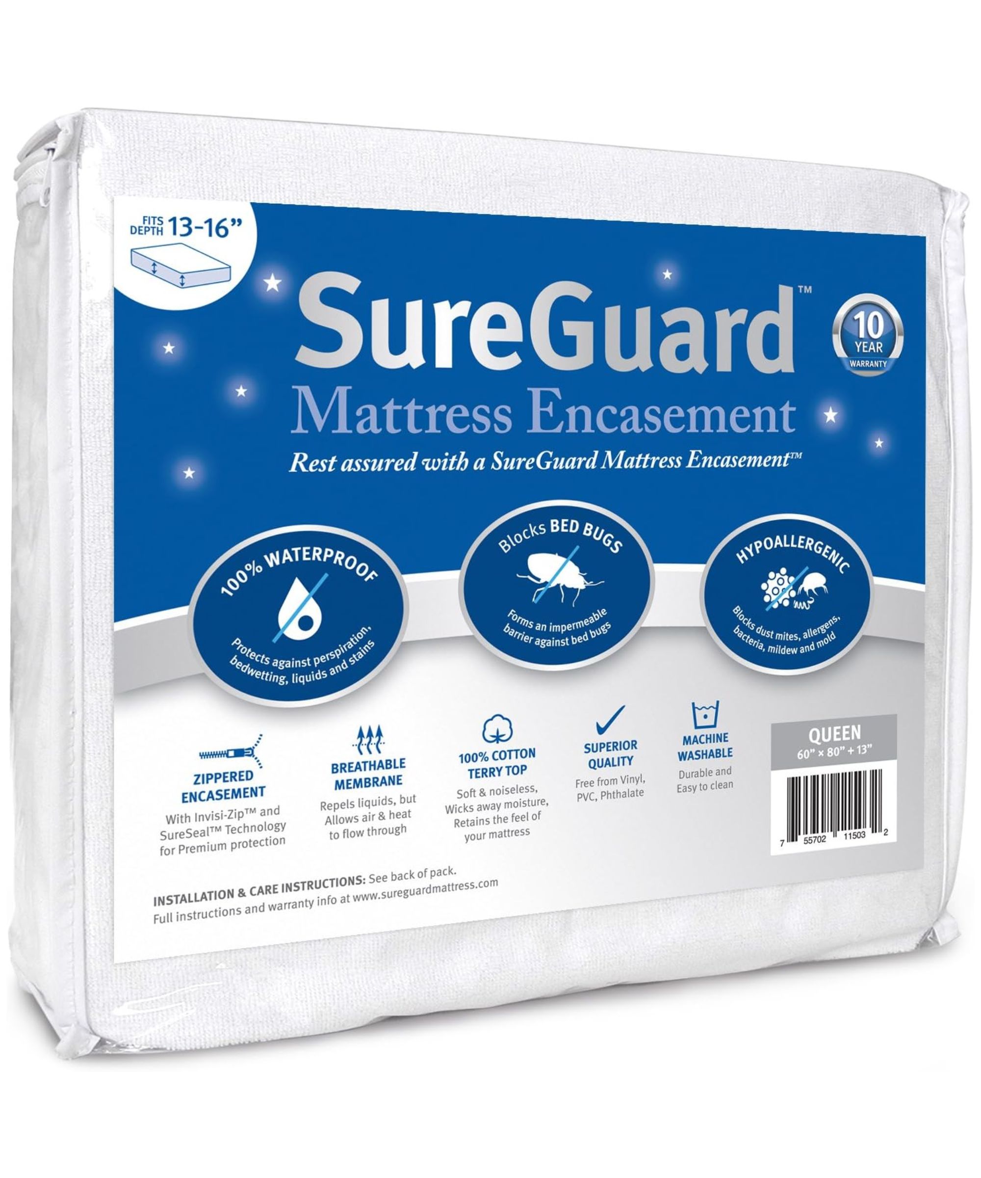 A folded white SureGuard mattress encasement in a clear bag with blue label.