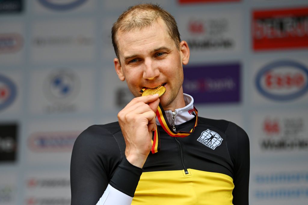 BINCHE BELGIUM JUNE 20 Tim Wellens of Belgium and UAE Team Emirates celebrates at podium as gold medal winner during the 105th National Championships Belgium 2024 Mens Individual Time Trial a 385 km on June 20 2024 in Binche Belgium Photo by Luc ClaessenGetty Images