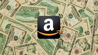 A pile of $10 bills with the Amazon logo on top of them