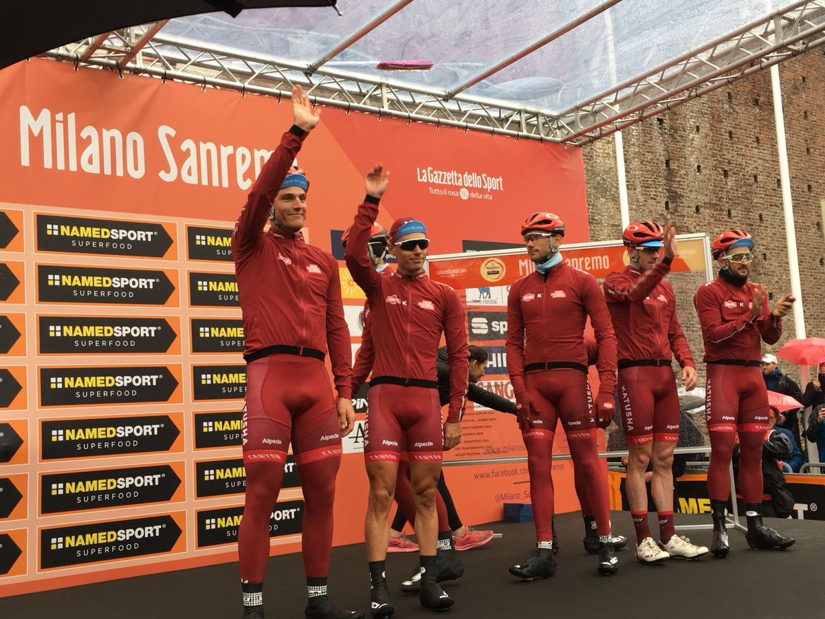 Kittel's Katusha-Alpecin team on the stage