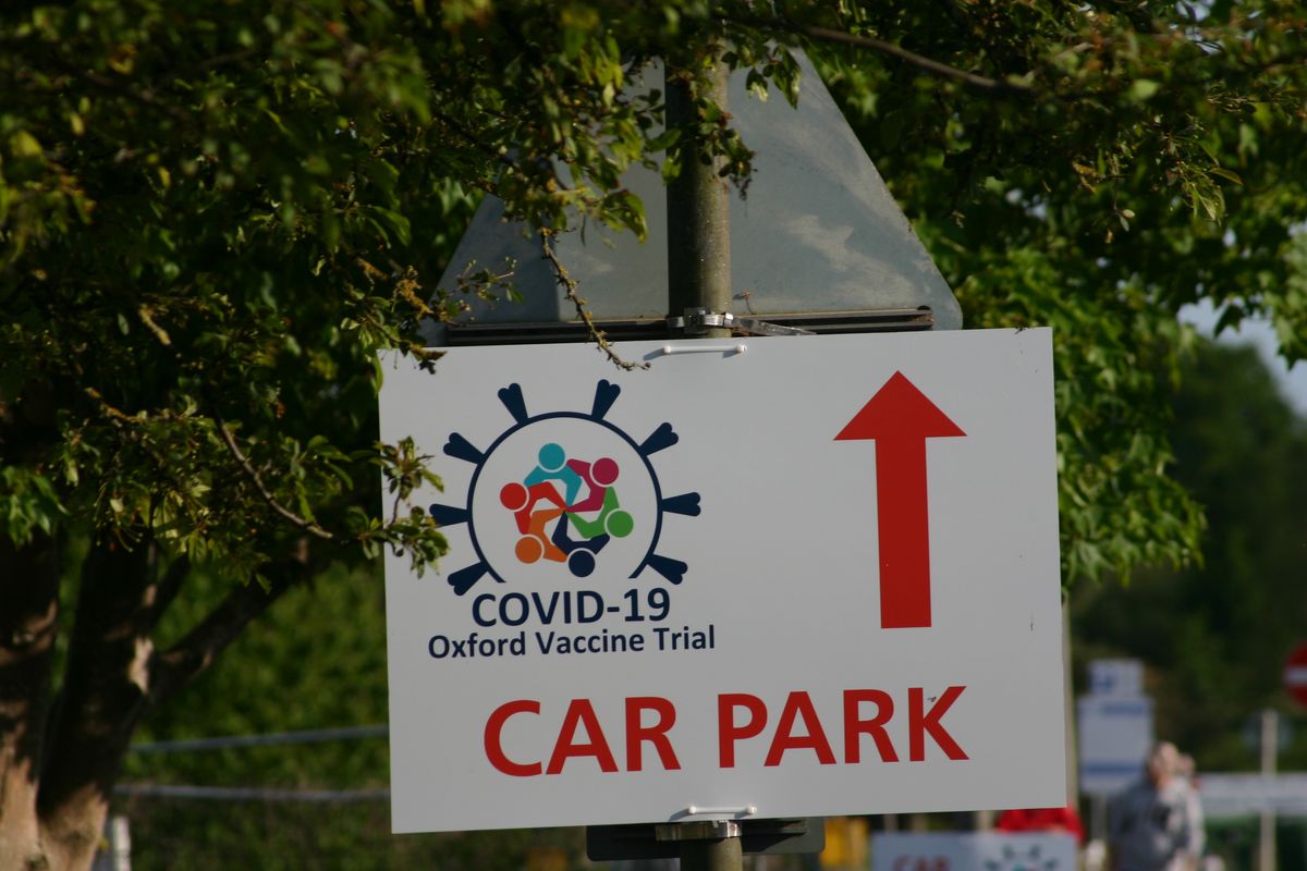 A sign for the COVID-19 vaccine trial conducted by the University of Oxford.