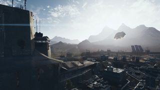 Starfield — A spaceship descends towards one of Starfield's spaceports.