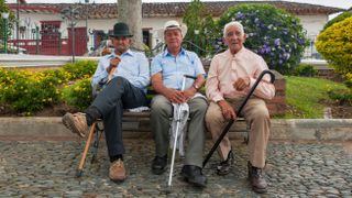 Three older men sit on a bench facing the camera. All three have stick-shaped mobility aids. The backdrop includes flowering bushes and a red-trimmed building.