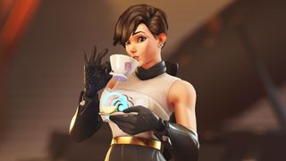 Overwatch 2 character Tracer in formal wear holding a teacup