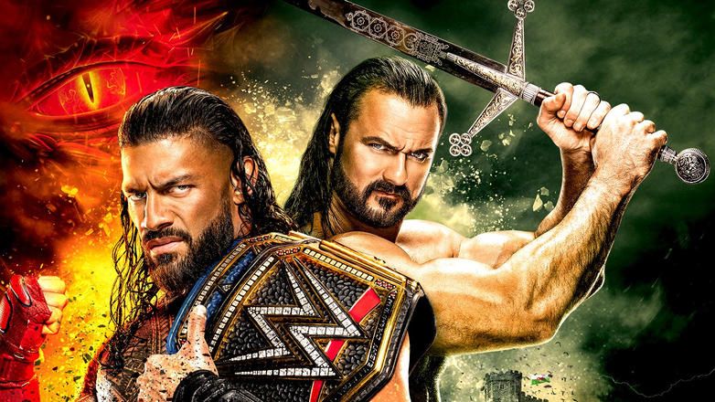 Art of Roman Reigns (L) and Drew McIntyre (R), who will fight at WWE Clash at the Castle