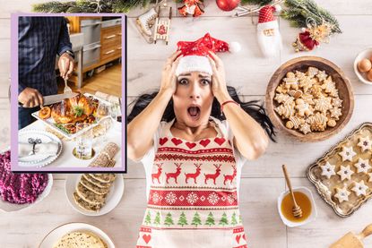 Man carving turkey as drop in on main image of woman holding head in hands laid on floor surrounded by Christmas food