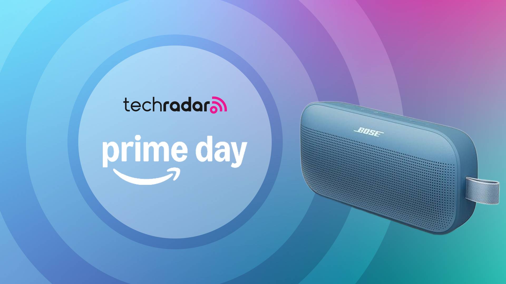 Bose SoundLink Flex Gen 2 on multicolored background with the words &#039;TechRadar: Prime Day&#039; positioned on the left side of the image