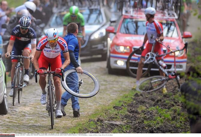 Alexander Kristoff (Katusha) after one of several punctures he suffered before abandoning