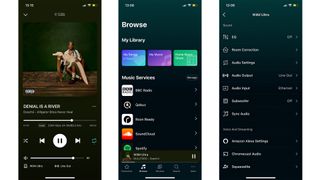 WiiM Ultra music streamer app on three smartphones screens