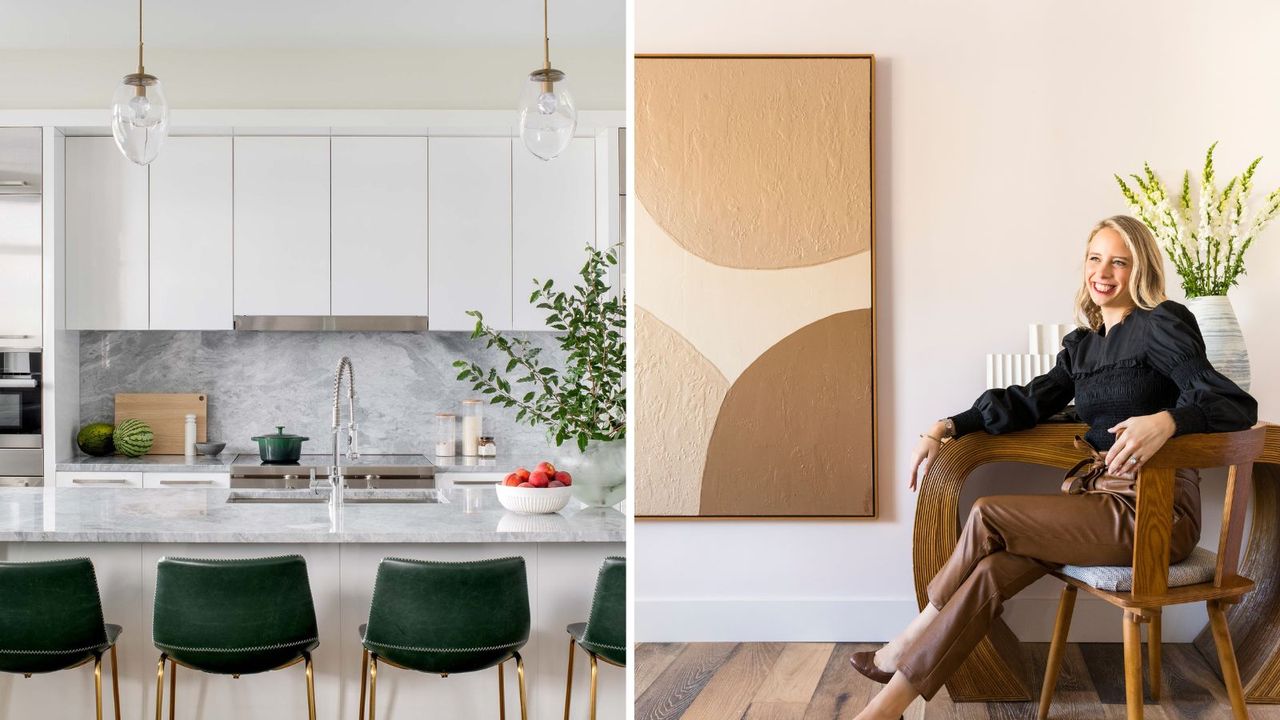 Split image with white kitchen and designer Hillary Cohen