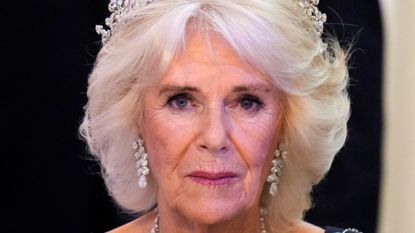 Queen Camilla dripping in diamonds as she attends a dinner at Mansion House