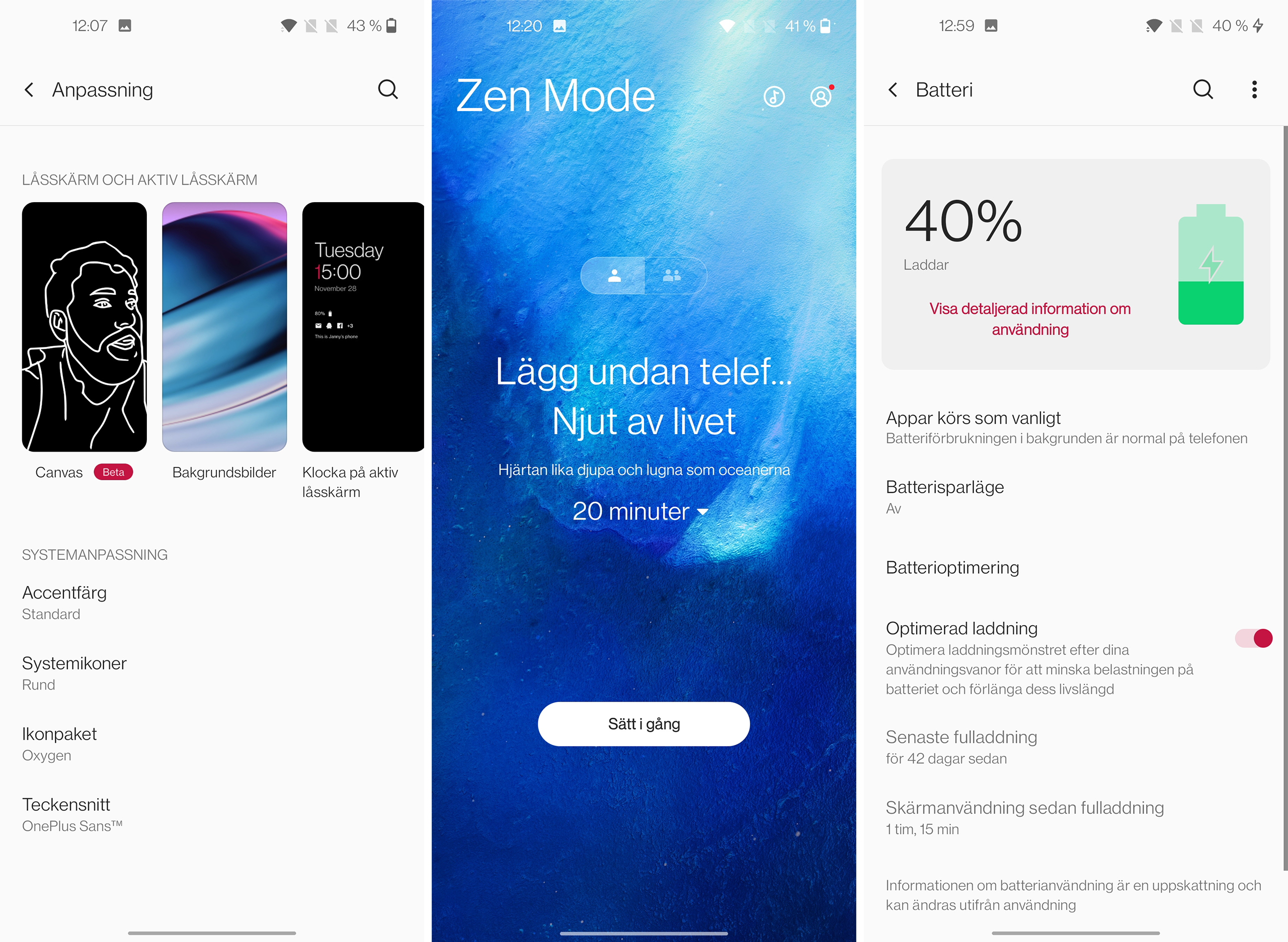 OnePlus Nord CE 5G, skärmdumpar från OxygenOS 11. Här visas olika inställningar.
