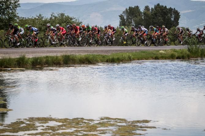 The peloton hits the last flat section of todays stage