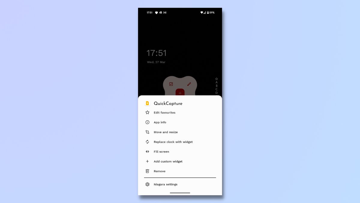 Captura de pantalla que muestra cómo apilar widgets en Android usando Niagara: editar y eliminar widgets