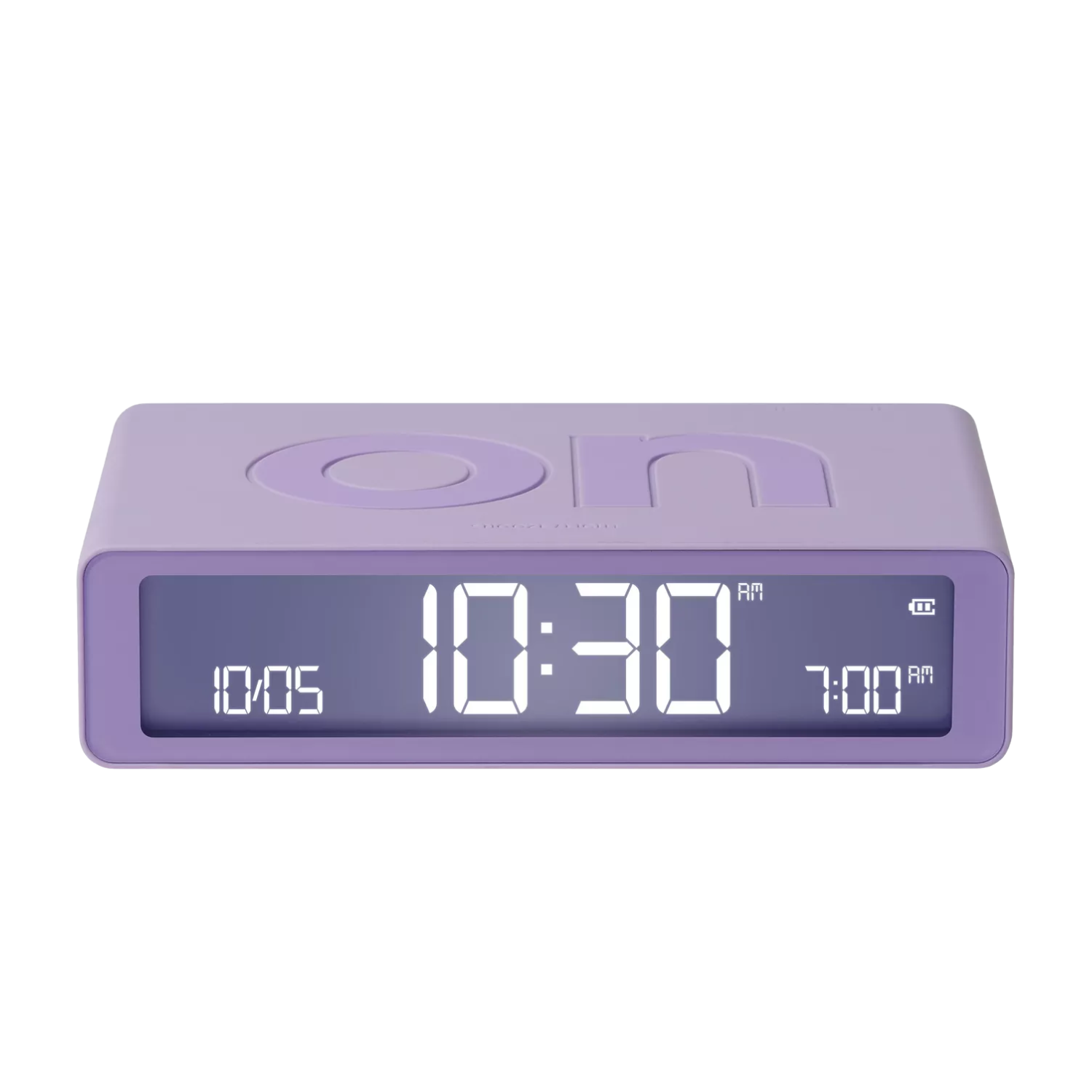 A lilac purple digital alarm clock