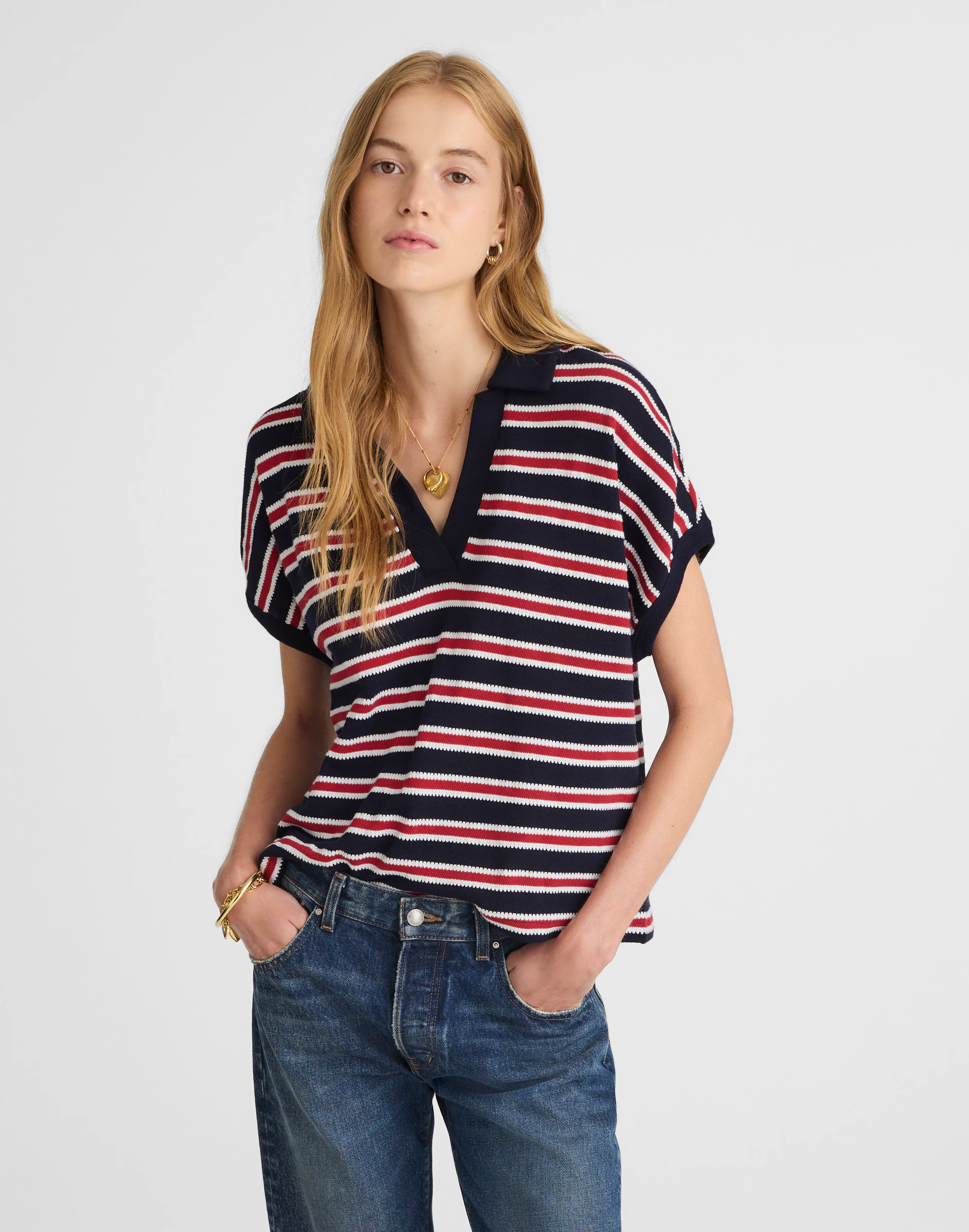 Relaxed V-Neck Polo Shirt in Stripe