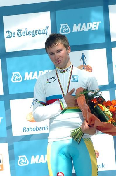 Newly crowned U23 road race world champion Alexey Lutsenko (Kazakhstan) listens to his national anthem.