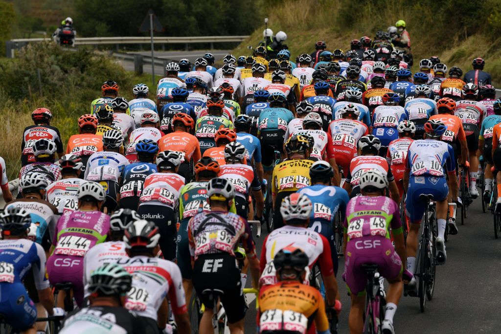 ETNALINGUAGLOSSA ITALY OCTOBER 05 Giovanni Lonardi of Italy and Team Bardiani CSF Faizane Giulio Ciccone of Italy and Team Trek Segafredo Jos Van Emden of The Netherlands and Team Jumbo Visma Peloton Detail view during the 103rd Giro dItalia 2020 Stage Three a 150km stage from Enna to Etna Linguaglossa Piano Provenzana 1793m girodiitalia Giro on October 05 2020 in Linguaglossa Italy Photo by Tim de WaeleGetty Images