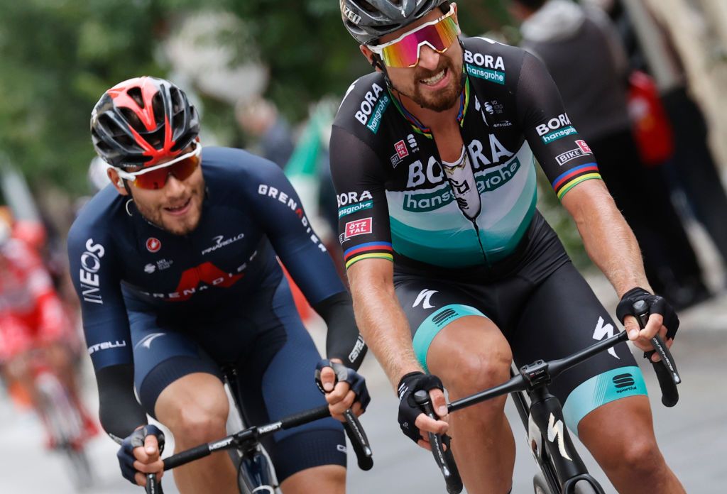 Team Bora rider Slovakias Peter Sagan R rides followed by Team Ineos rider Italys Filippo Ganna during break away in the 10th stage of the Giro dItalia 2020 cycling race a 177kilometer route between Lanciano and Tortoreto on October 13 2020 Photo by Luca Bettini AFP Photo by LUCA BETTINIAFP via Getty Images