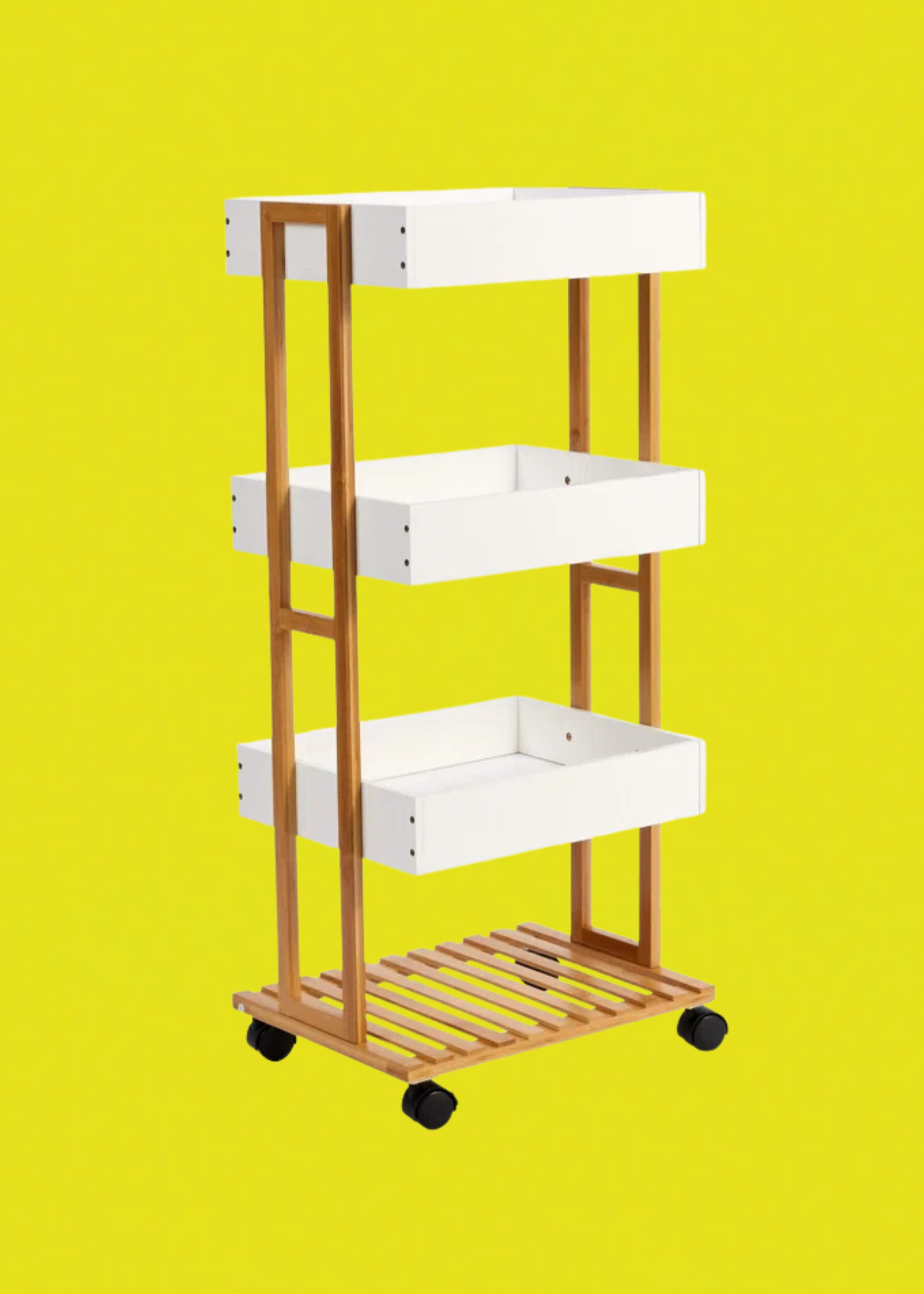 A bamboo rolling cart with three white shelves