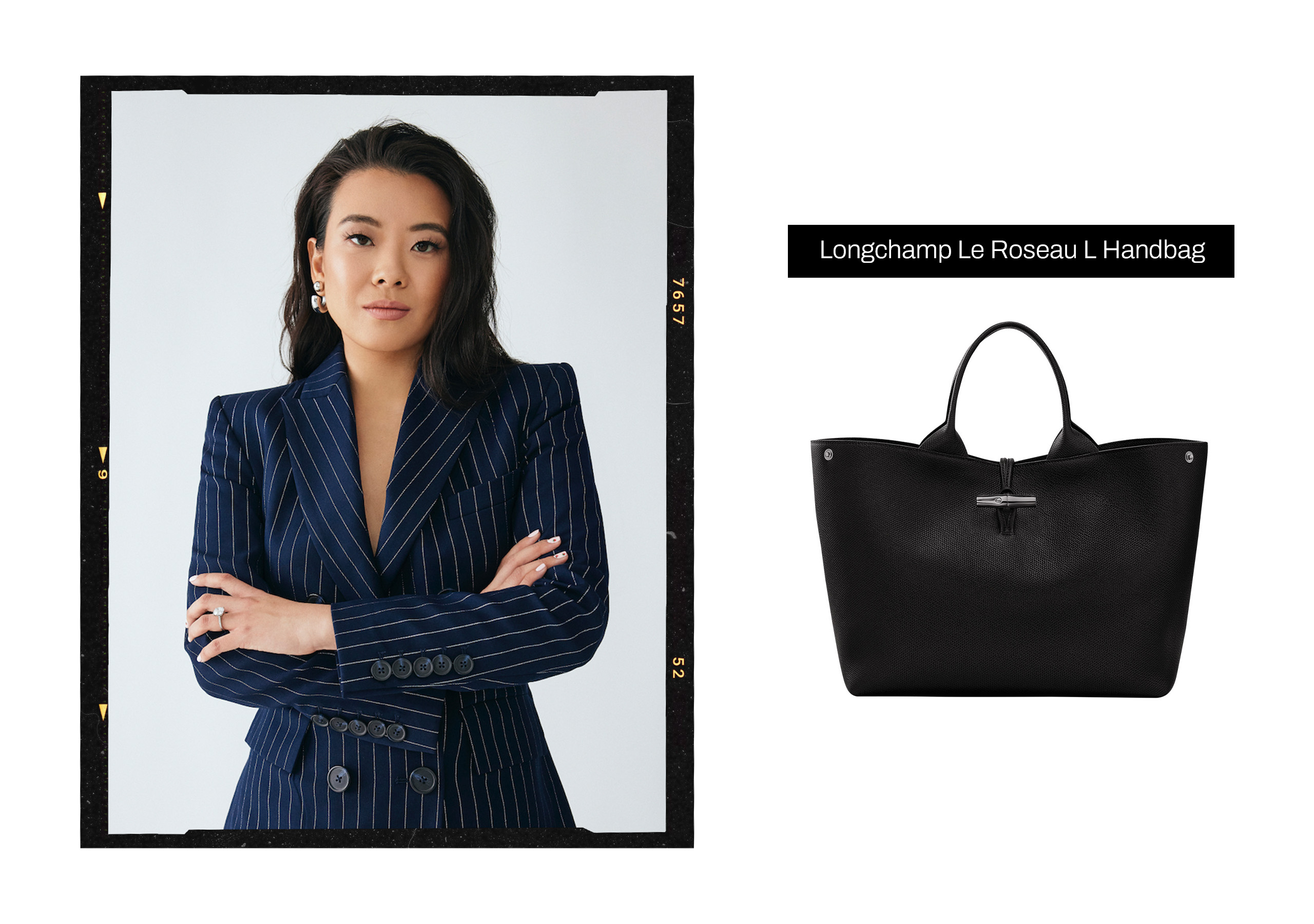 Headshot of Vivian Tu within a black film frame next to a product image of a work bag