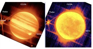 Two images side by side showing Jupiter "glowing" orangey yellow and some moons are visible around the gas giant. The image on the right shows the very thin ring structure around the middle of Jupiter.