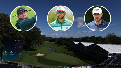 A general view of the 18th at Wentworth, with three players walking down it