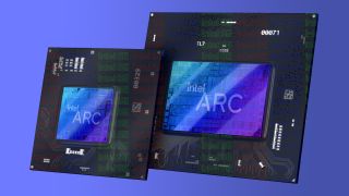 Intel Alchemist GPU renders on a blue gradient background