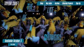 A website screenshot showing a collage of Taylor Swift dressed as a showgirl surrounded by other dancers with the text "The Life of a Showgirl" and "Available October 3" in a futuristic font.