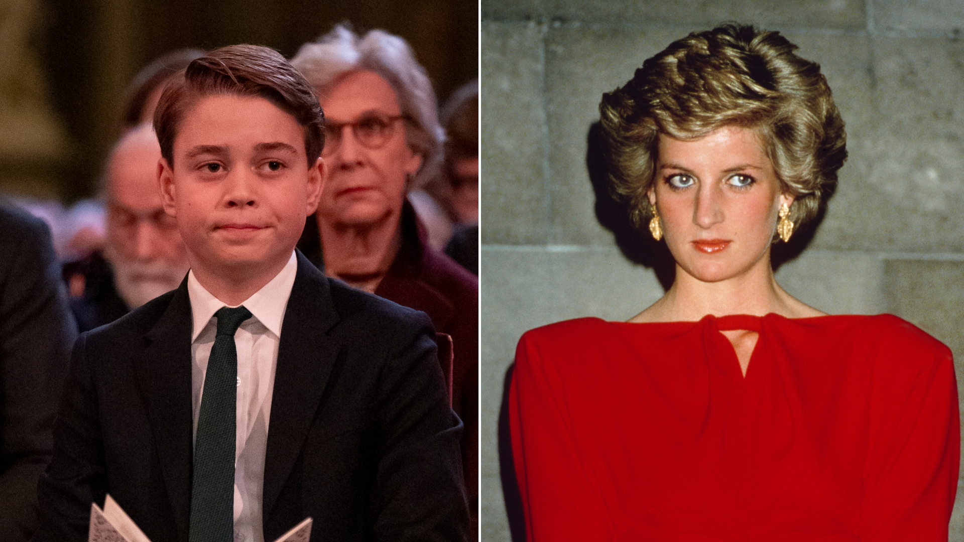 Prince George looks pensive at a Christmas carol concert while wearing a suit and his grandmother, Princess Diana, wears a red dress with shoulder pads