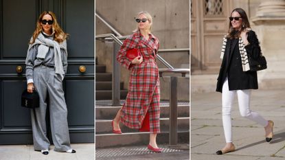 Three street style images of women wearing ballet flats 