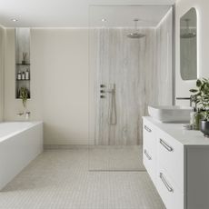 Multipanel cream and white bathroom with walk in shower, double vanity, and bath