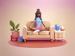 Girl meditating on sofa - cartoon home 3d illustration