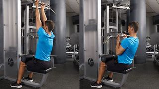 Man demonstrates starting and midway position of the underhand lat pull-down exercise