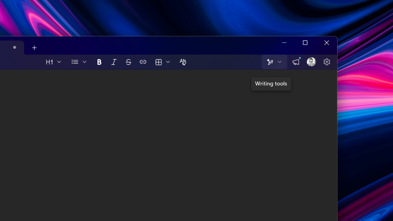 Notepad writing tools menu