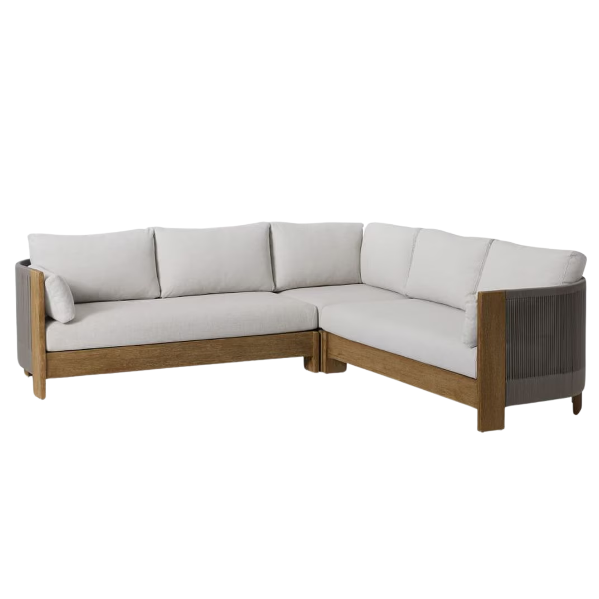 outdoor sectional with a wood frame and off-white cushions