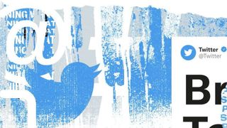 The Twitter logo spray painted onto ripped paper surrounded by white, blue and black noise