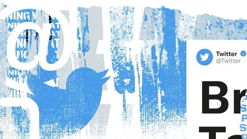 The Twitter logo spray painted onto ripped paper surrounded by white, blue and black noise