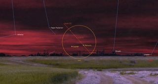 Night sky map showing Mercury climbing past Jupiter.