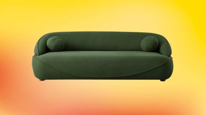 green boucle curved sofa