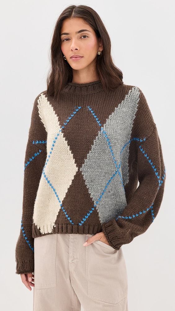 Argyle Roll Neck Sweater Top - Brown Multi