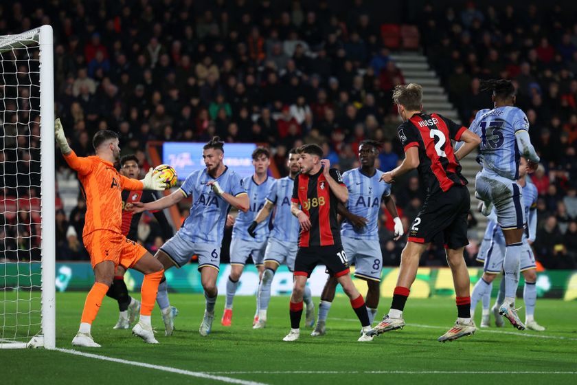 Dean Huijsen of AFC Bournemouth scores the opening goal during the Premier League match between AFC Bournemouth and Tottenham Hotspur FC at Vitality Stadium on December 05, 2024 in Bournemouth, England