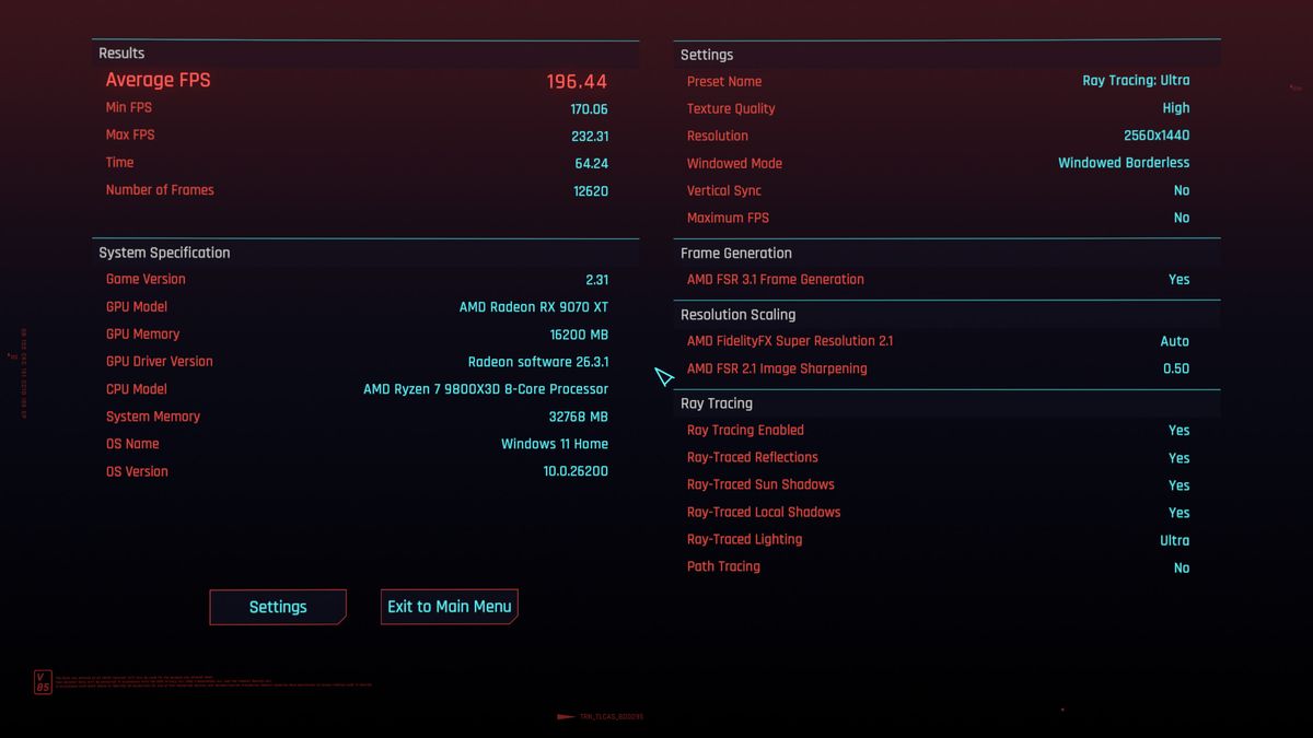 Cyberpunk 2077 benchmark results showing graphical settings and performance metrics
