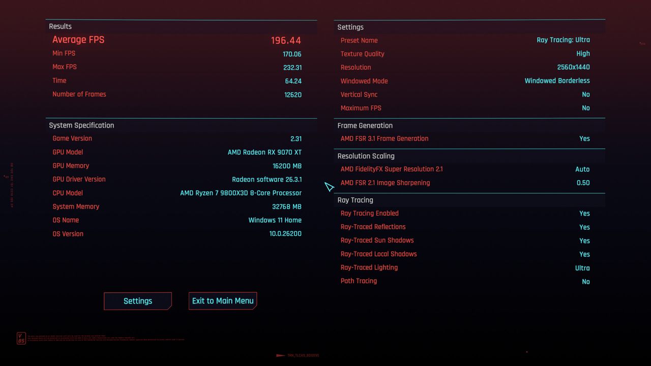 Cyberpunk 2077 benchmark results showing graphical settings and performance metrics