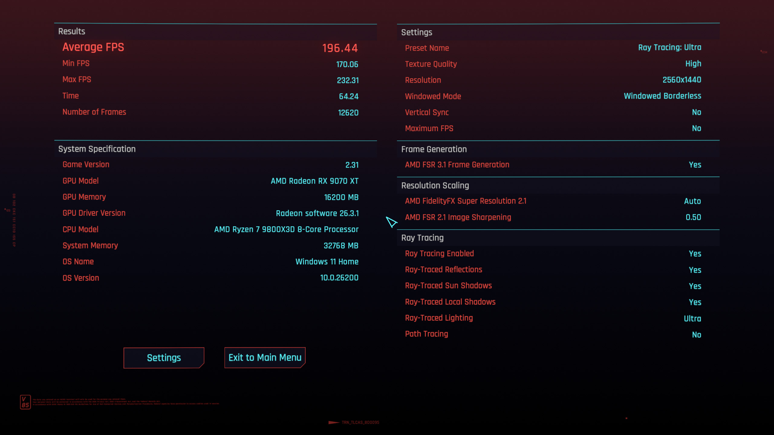 Cyberpunk 2077 benchmark results showing graphical settings and performance metrics