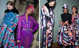 Left, model wears a mesh purple shirt. Right, models wear matching patterned skirts, dresses and suits