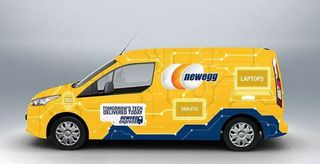 A van decorated with Newegg livery on a gray background.