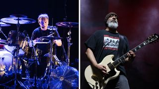 Left-Dale Crover from The Melvins performs at l' Alhambra on October 2, 2018 in Paris, France; Right-Kim Thayil of MC50 performs on stage at The Trusts Arena on February 20, 2020 in Auckland, New Zealand