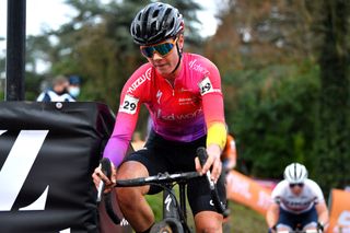 HULST NETHERLANDS JANUARY 02 Lotte Kopecky of Belgium and Team SD Worx competes during the 6th Hulst Vestingcross UCI CycloCross Worldcup 2022 Womens Elite CXWorldCup UCIcyclocrossWC on January 02 2022 in Hulst Netherlands Photo by Luc ClaessenGetty Images